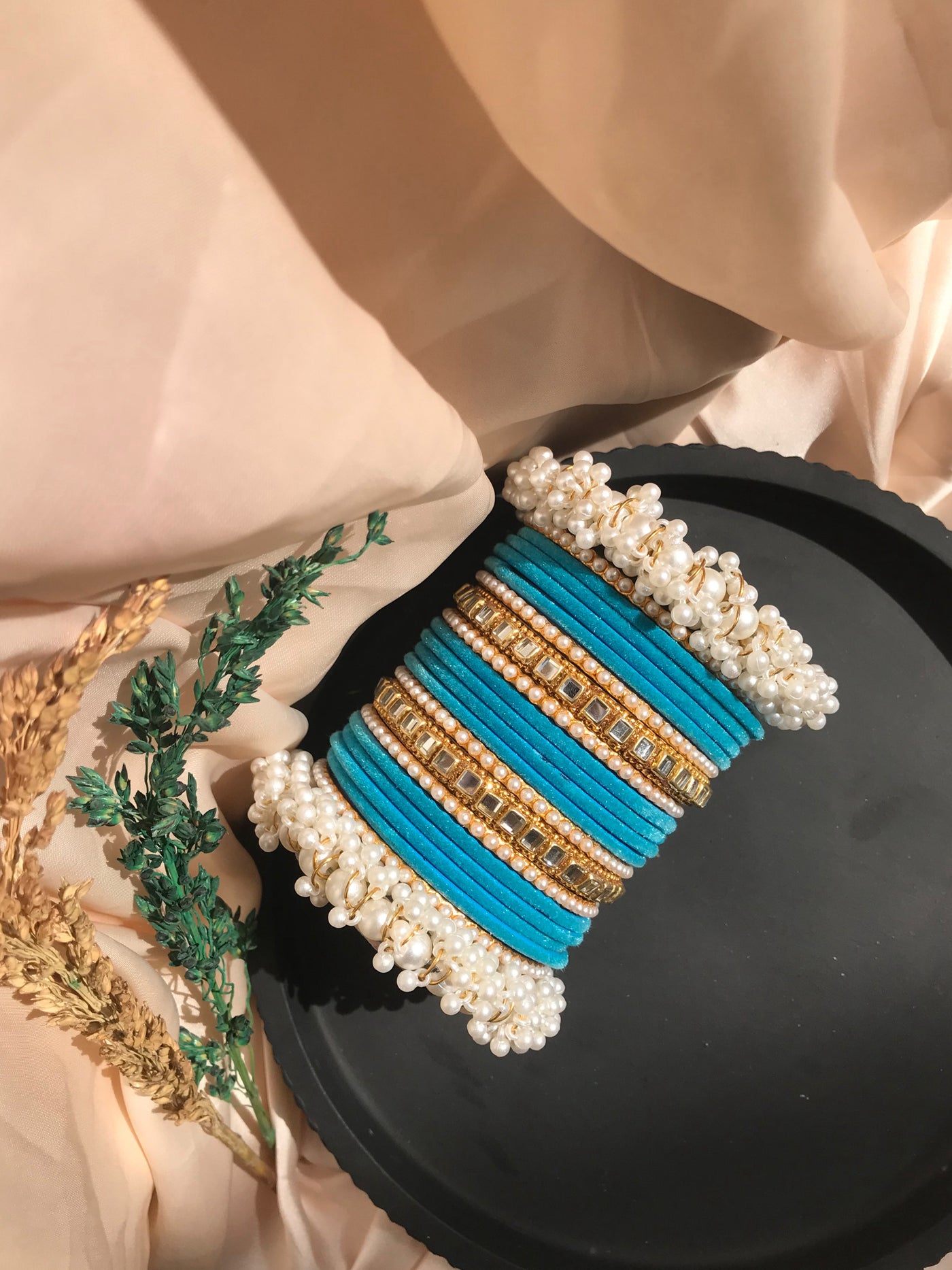 Blue Velvet Pearl Bangles Set