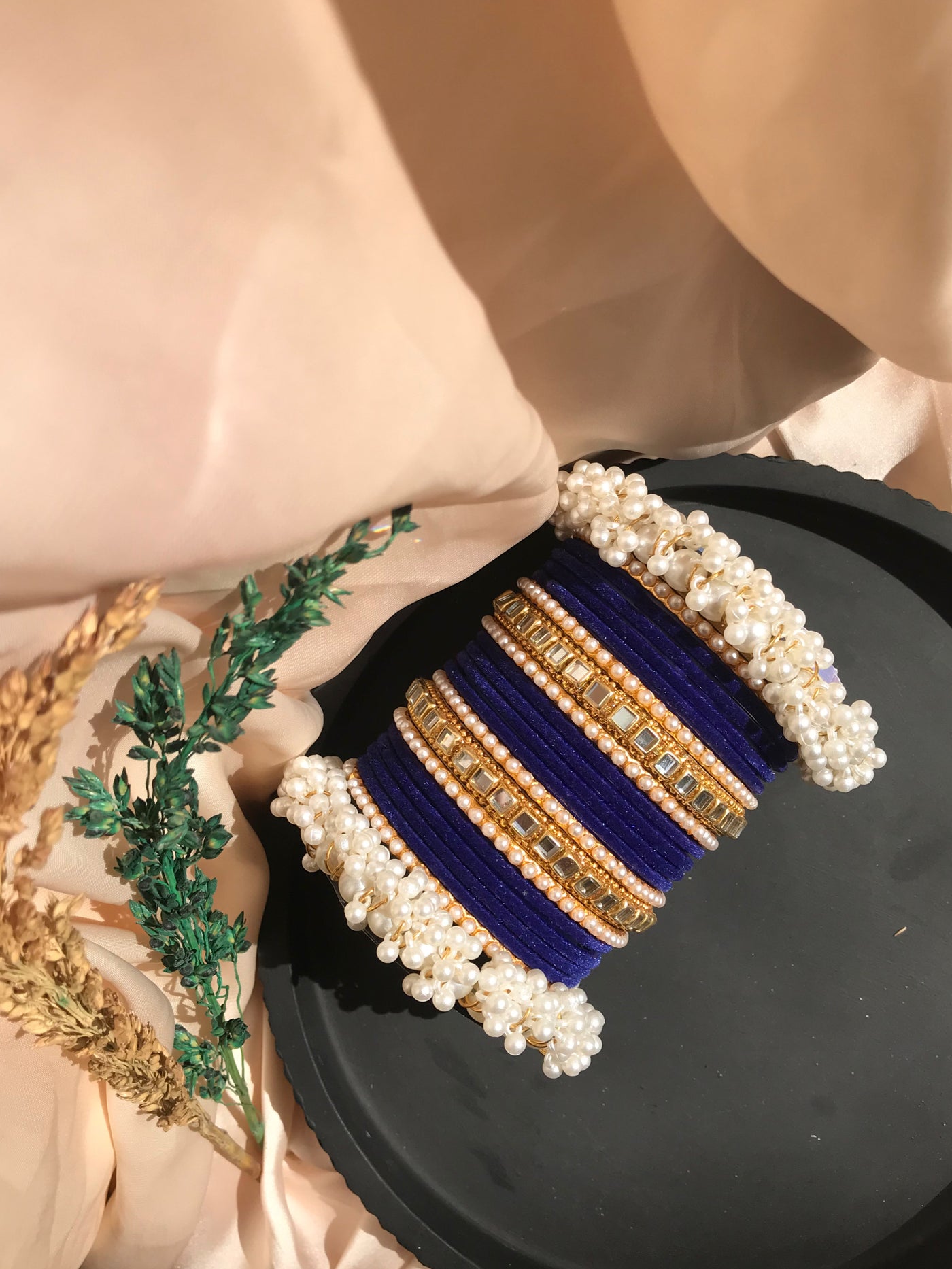Dark Blue Velvet Pearl Bangles Set