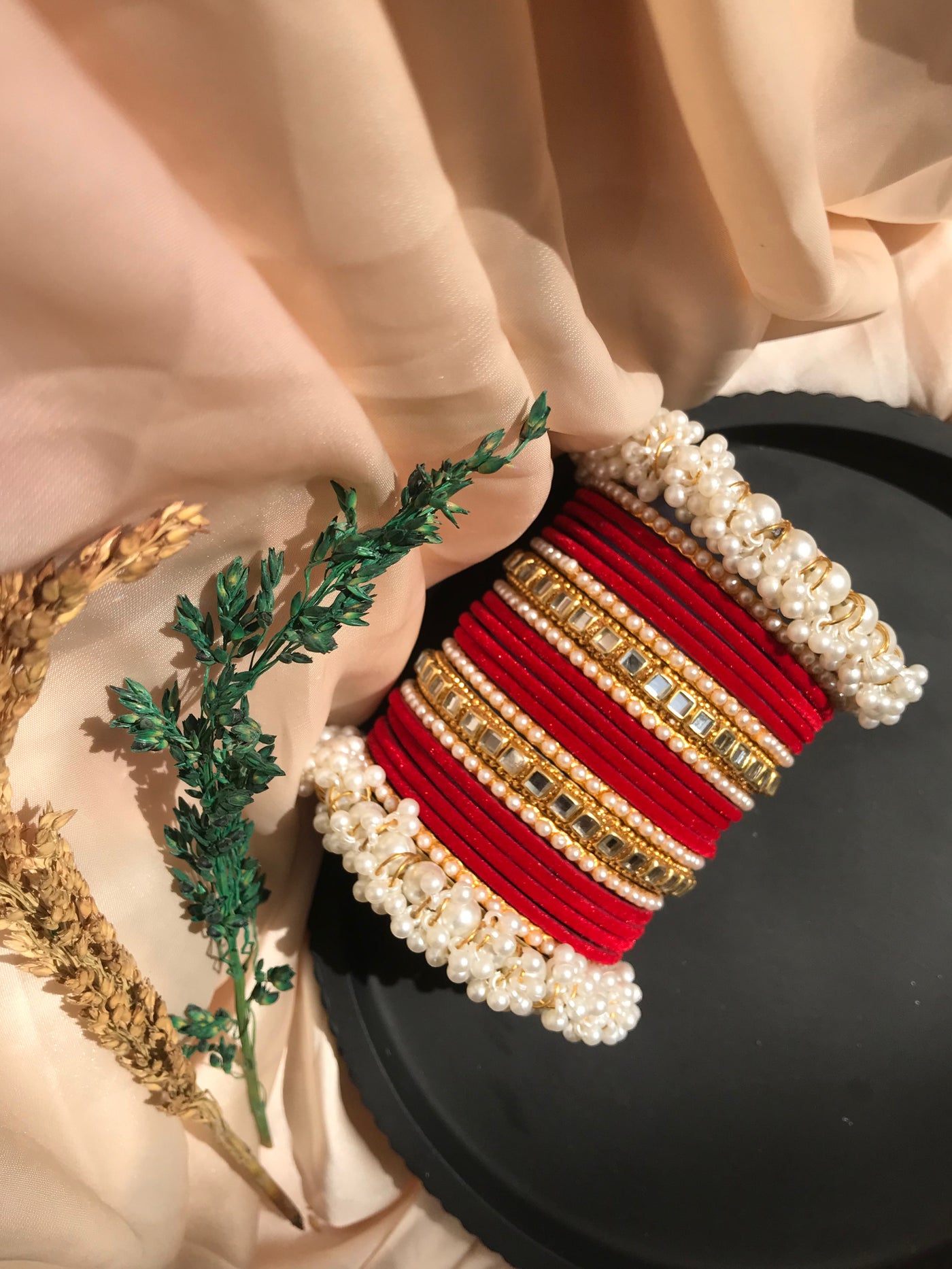 Red Velvet Pearl Bangles Set