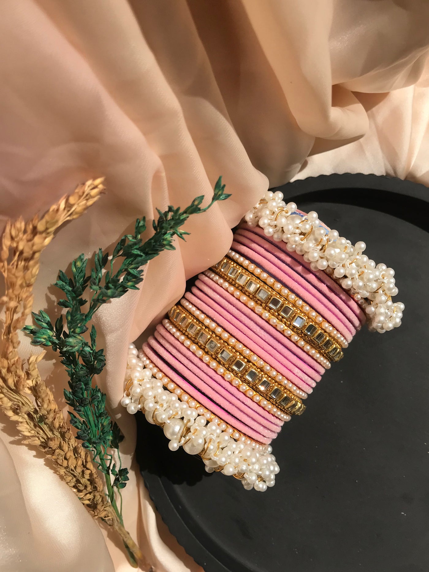 Pink Velvet Pearl Bangles Set