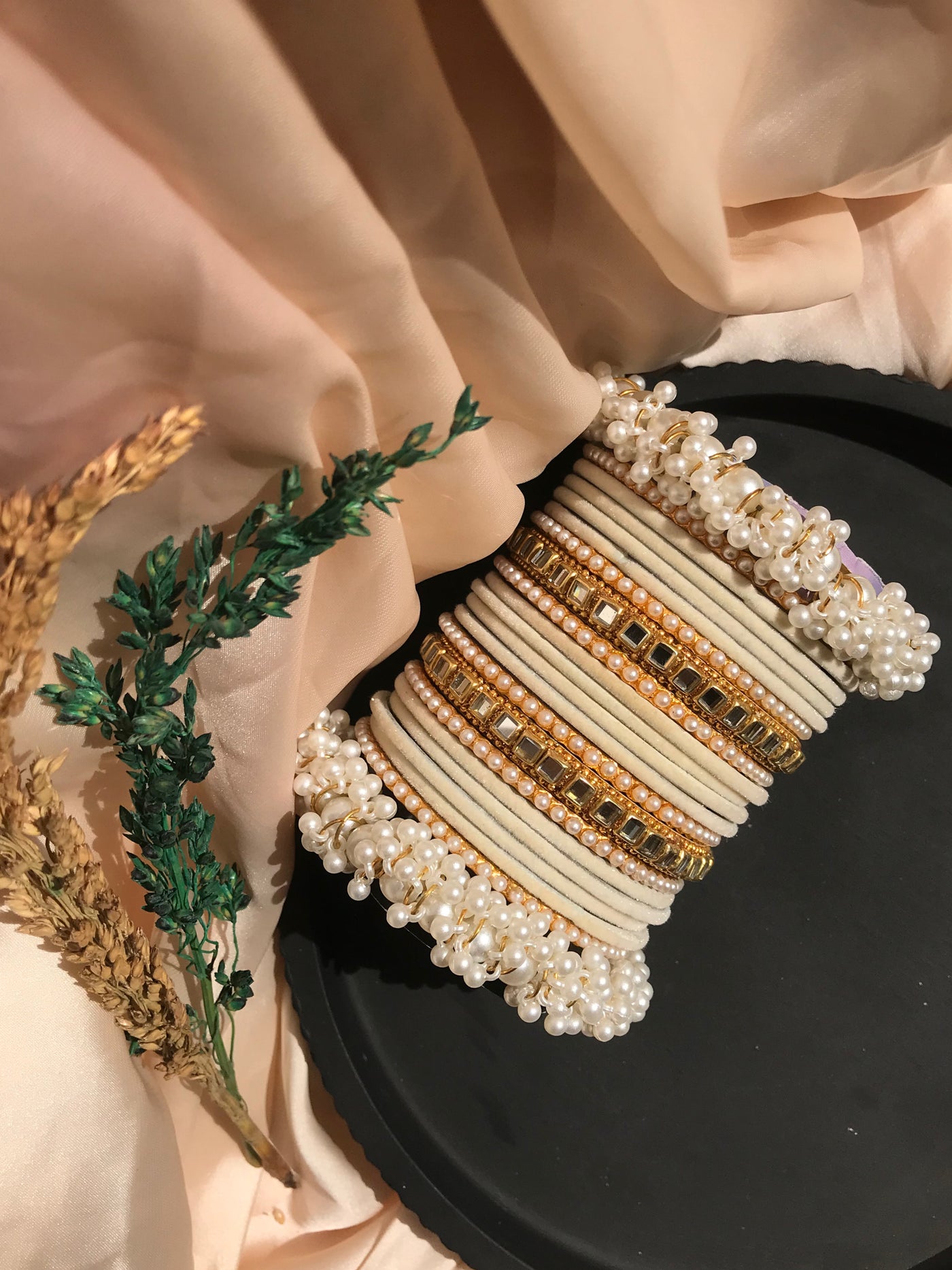 White Velvet Pearl Bangles Set