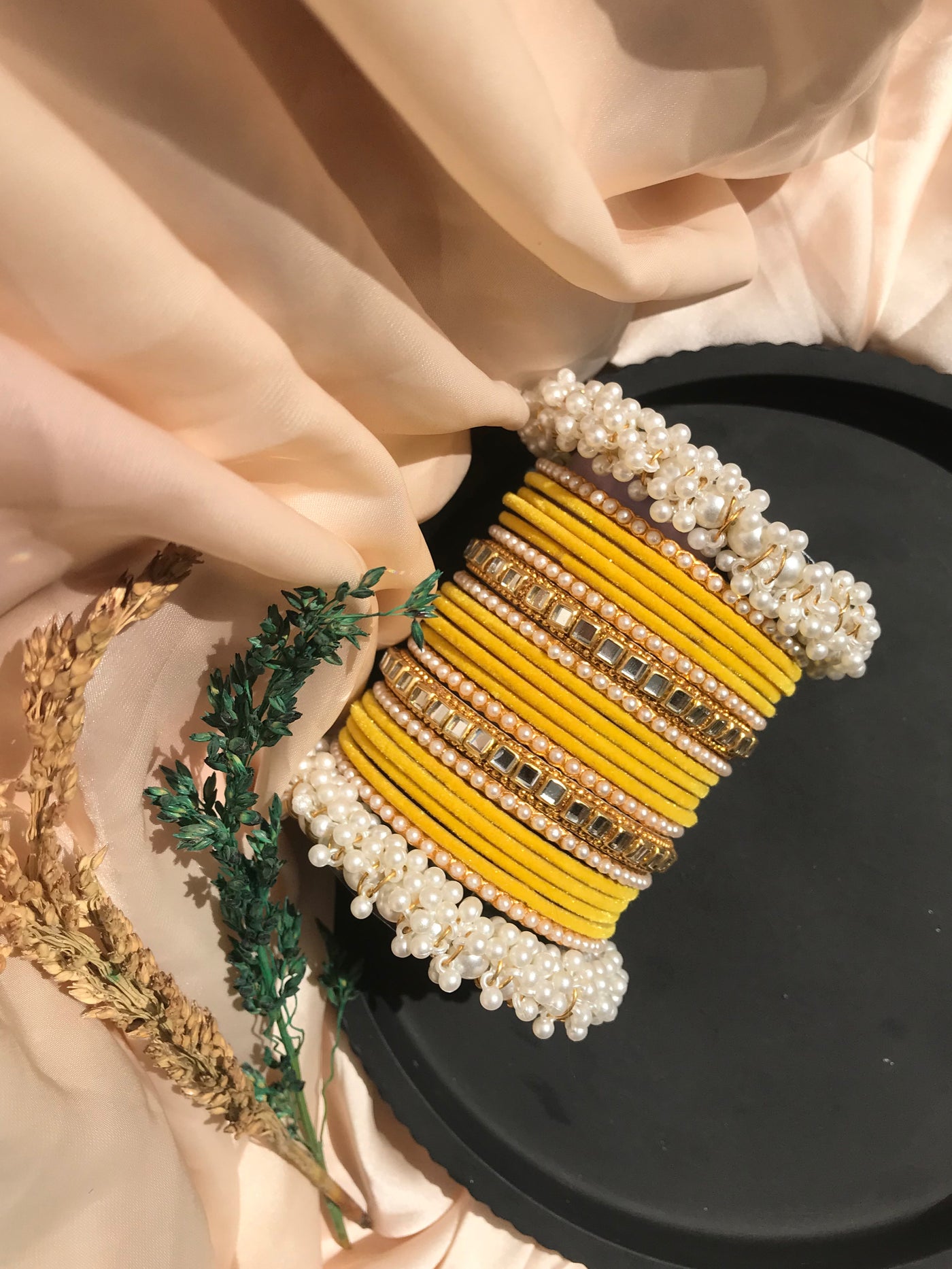 Yellow Velvet Pearl Bangles Set