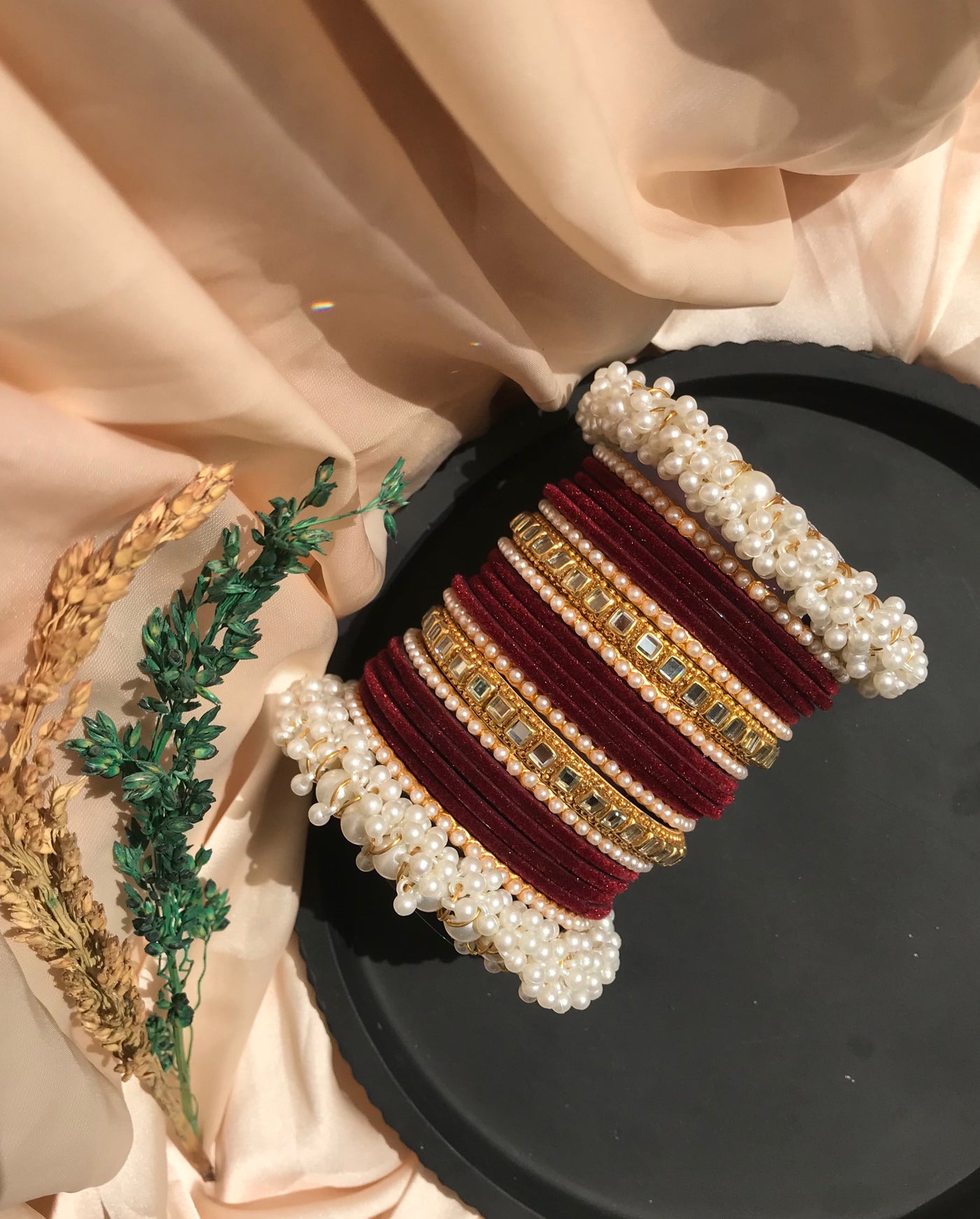 Maroon Velvet Pearl Bangles Set