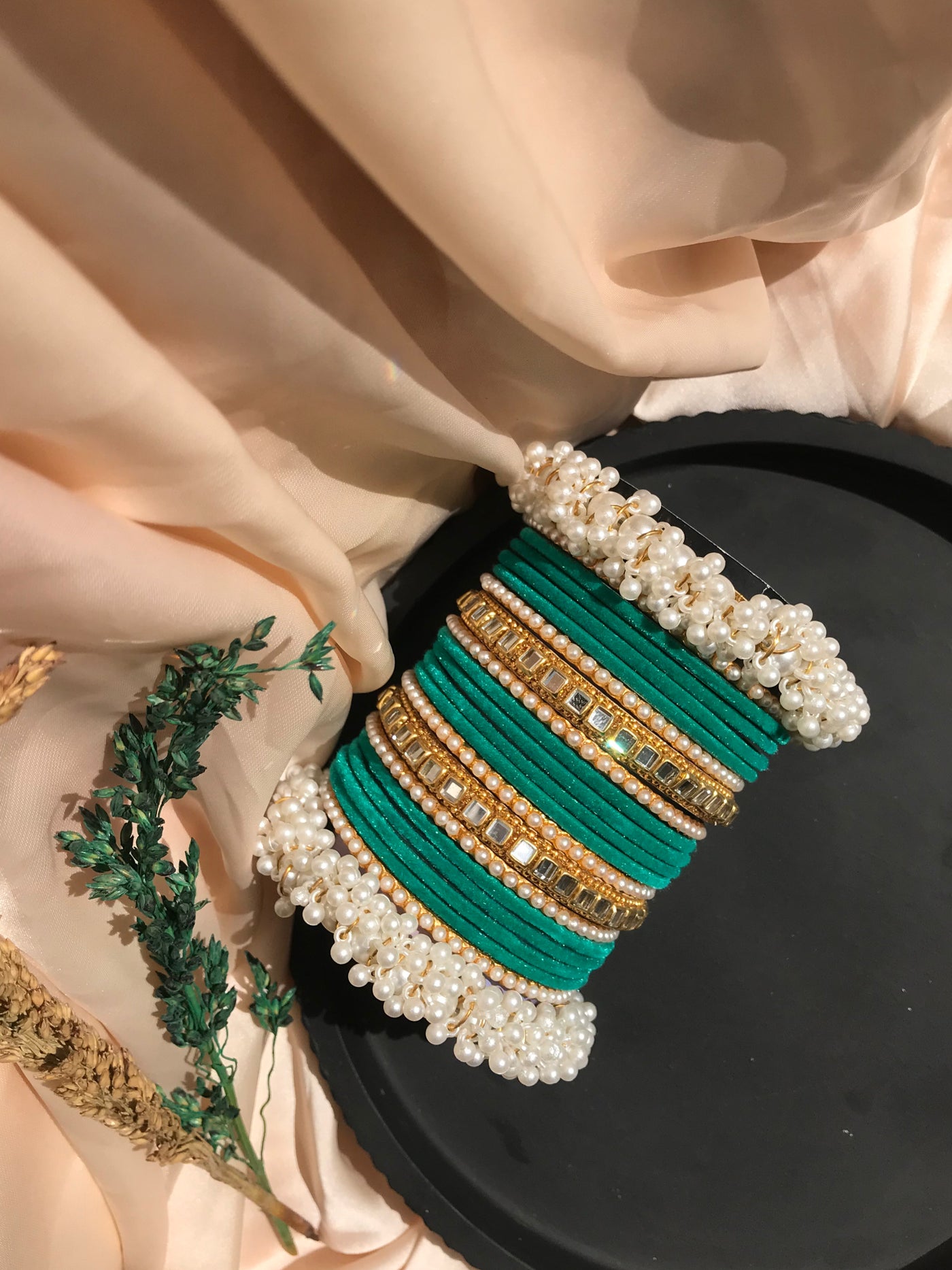 Sea Green Velvet Pearl Bangles Set