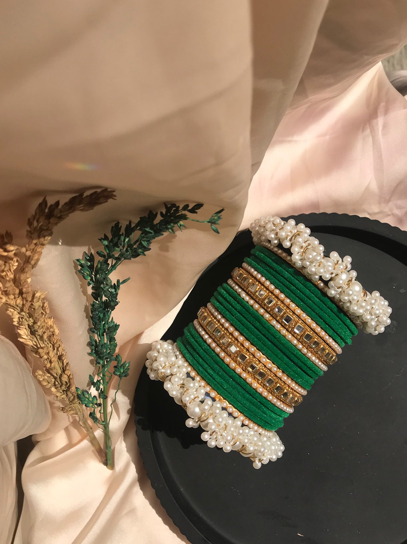 Dark Green Velvet Pearl Bangles Set