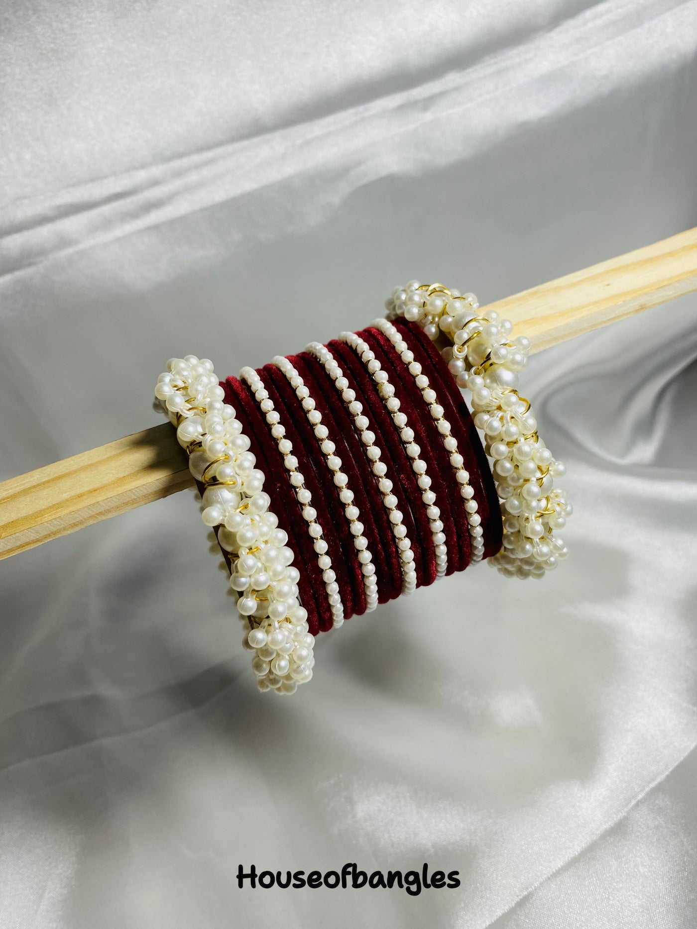 Maroon Velvet Thin Pearl Bangles Set