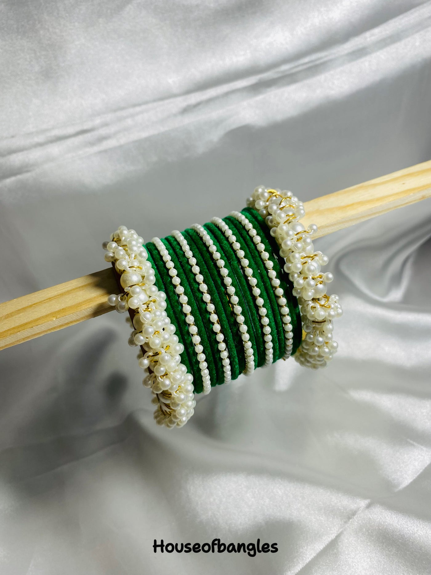 Dark Green Velvet Thin Pearl Bangles Set