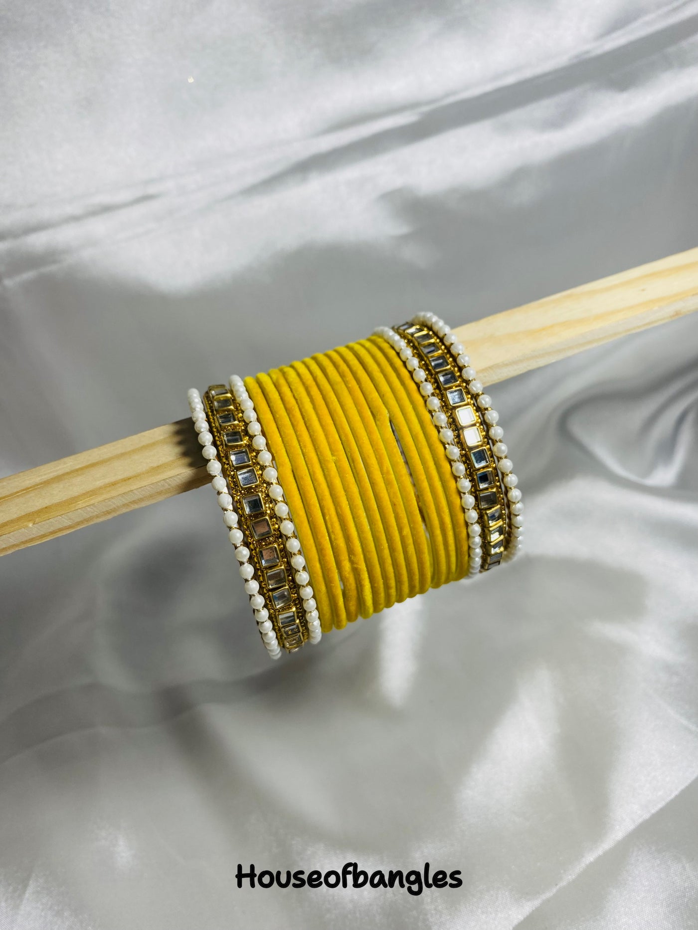 Yellow Velvet kundan Bangles Set