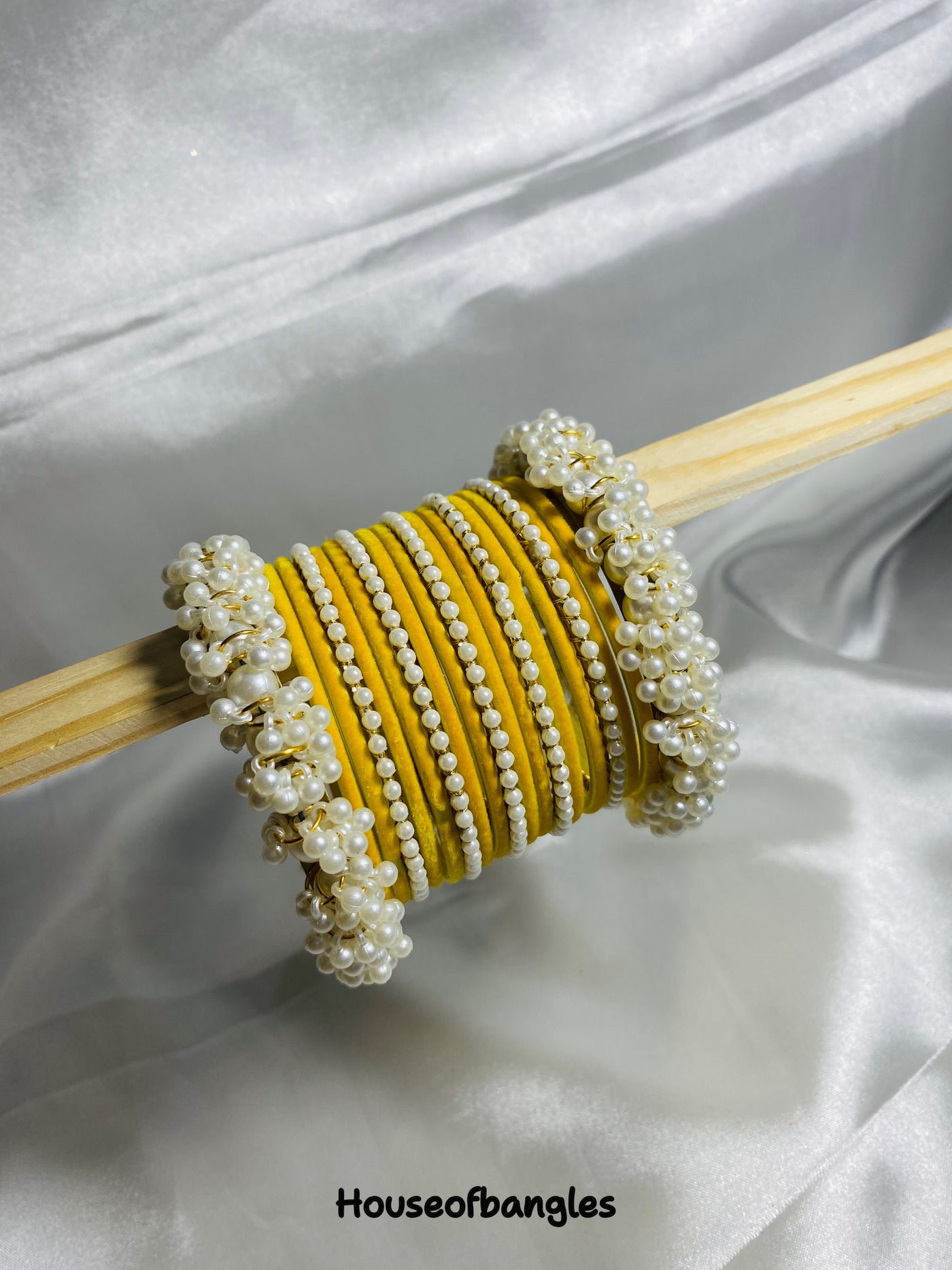 Yellow Velvet Thin Pearl Bangles Set
