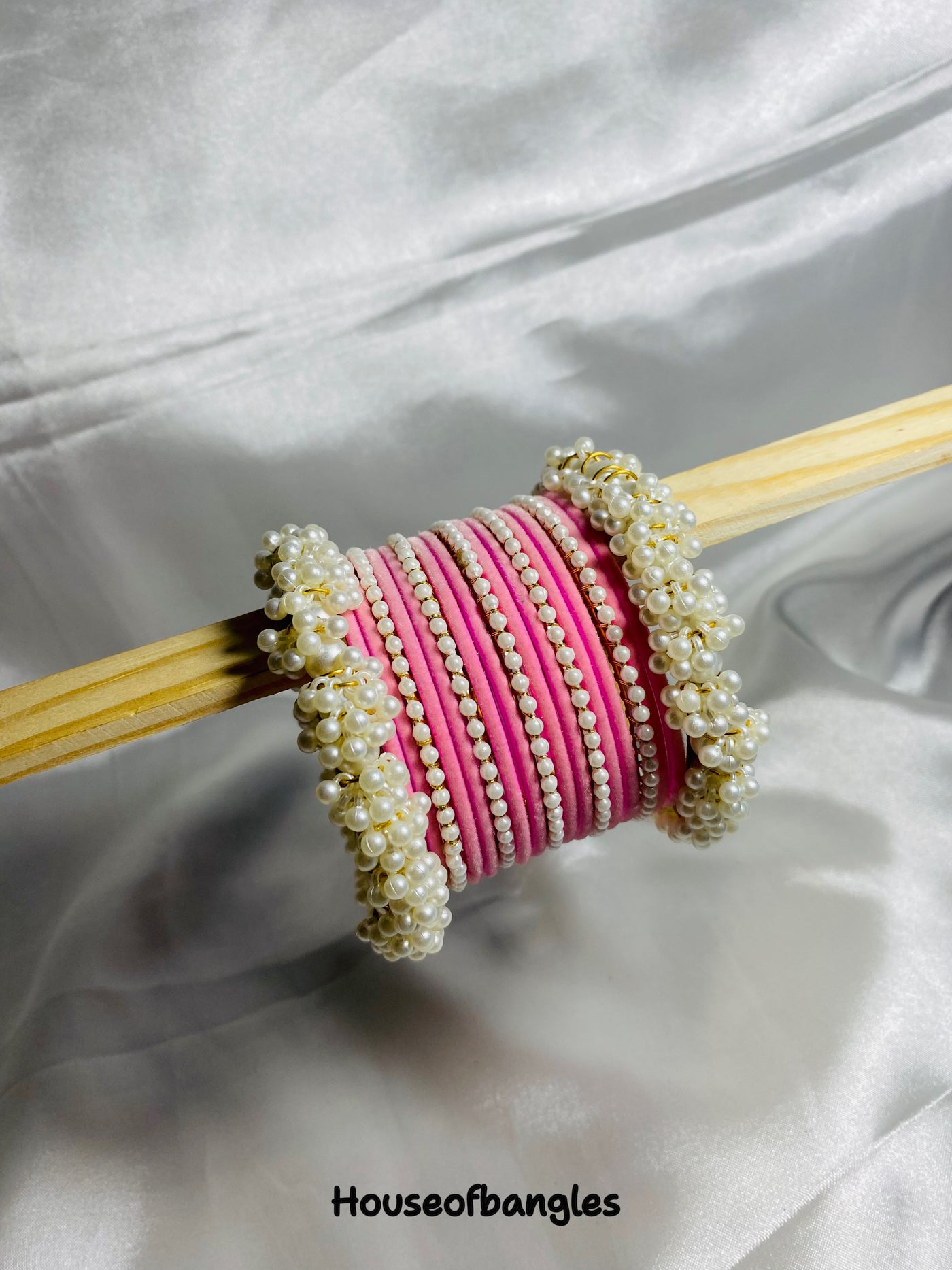Pink Velvet Thin Pearl Bangles Set