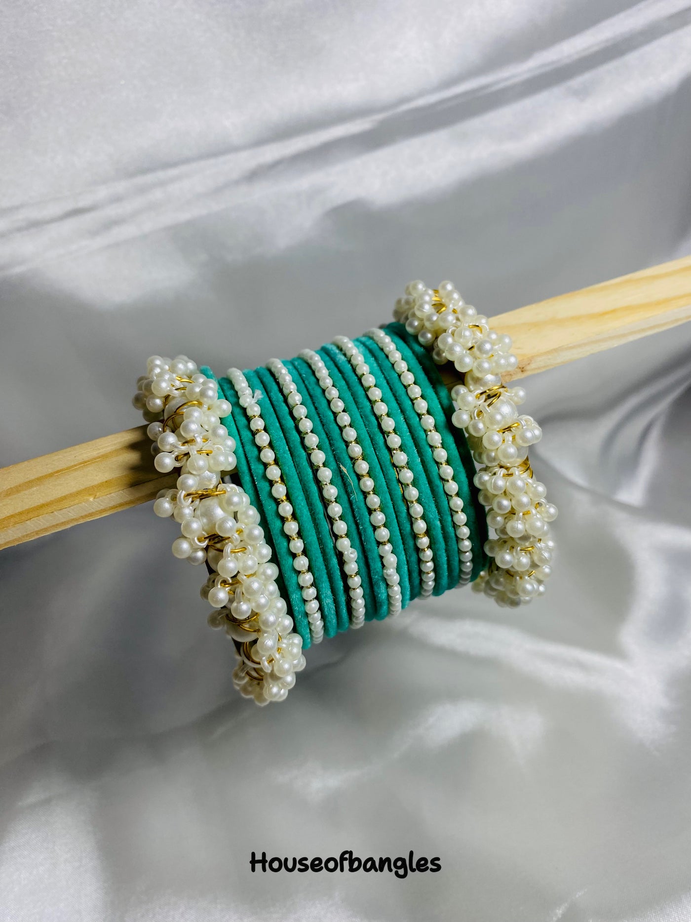 Sea Green Velvet Thin Pearl Bangles Set